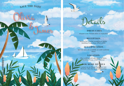 Watercolor seascape blue sky wedding invitation