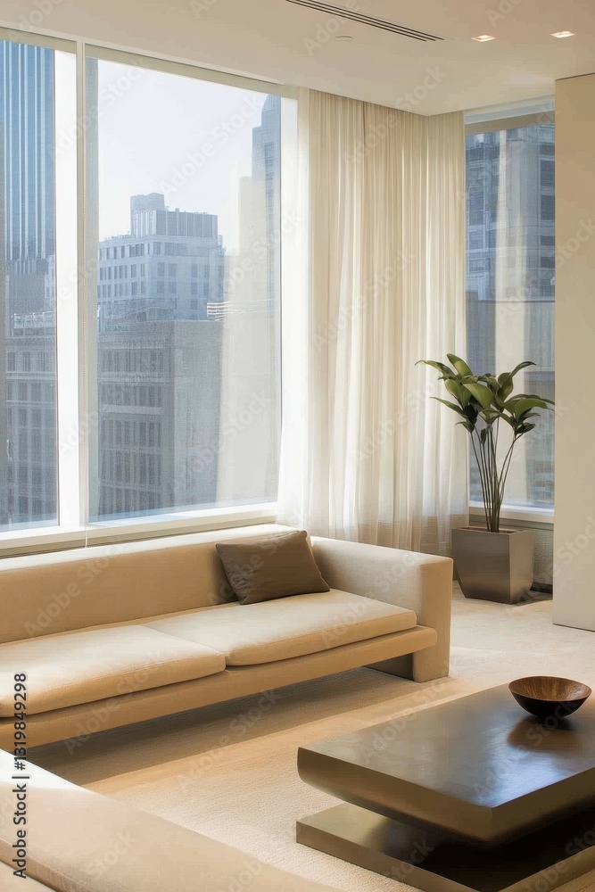 Fototapeta premium Modern living room designed with neutral tones and expansive windows for natural light