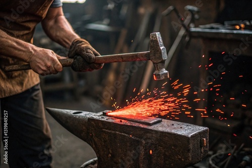 Hands of a Blacksmith Holding Hot Metal with Tongs and Hammering on an Anvil. Traditional Forging and Artisan Metalwork.