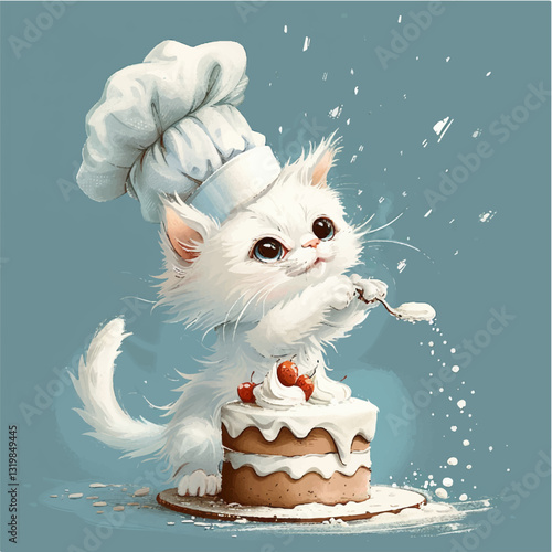 White kitten in a chef's hat bakes a cake