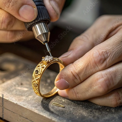 Jeweler’s Hands Engraving a Gold Ring Under Magnification. Precision Craftsmanship and Luxury Jewelry Detailing.