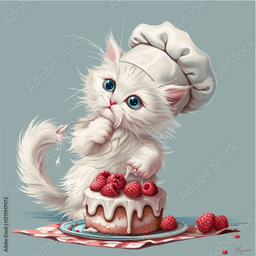 White kitten in a chef's hat bakes a cake