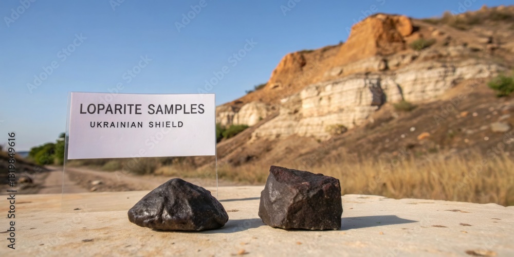 Unique loparite samples from the Ukrainian Shield displayed against a rugged landscape