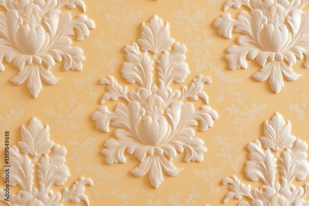 golden damask print on a butter yellow background, yellow and ,metallic wallpaper golden damask print on a butter yellow background, yellow and ,metallic wallpaper