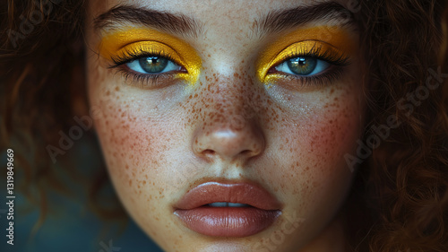 Beauty portrait with mustard yellow eyeshadow and glossy lips