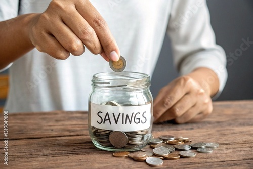 Hands Holding a Coin and Dropping It into a Glass Jar Labeled ‘Savings’. Financial Planning, Budgeting, and Wealth Growth Concept.