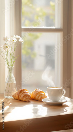 Wallpaper Mural Morning sunlit breakfast with croissants and coffee by a window Torontodigital.ca