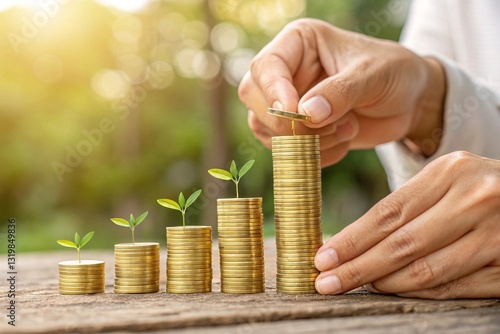 Hands Stacking Gold Coins in Ascending Order to Represent Financial Growth, Wealth, Investment, and Savings Concept.