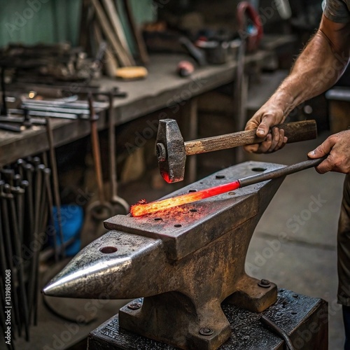Hands of a Blacksmith Holding Hot Metal with Tongs and Hammering on an Anvil. Traditional Forging and Artisan Metalwork.