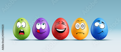 Color realistic eggs with funny faces on gradient background. Different emotions, cartoon smile. Set of eggs emoji banner. Happy Easter holiday art illustration.