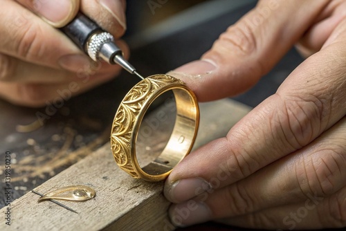 Jeweler’s Hands Engraving a Gold Ring Under Magnification. Precision Craftsmanship and Luxury Jewelry Detailing.