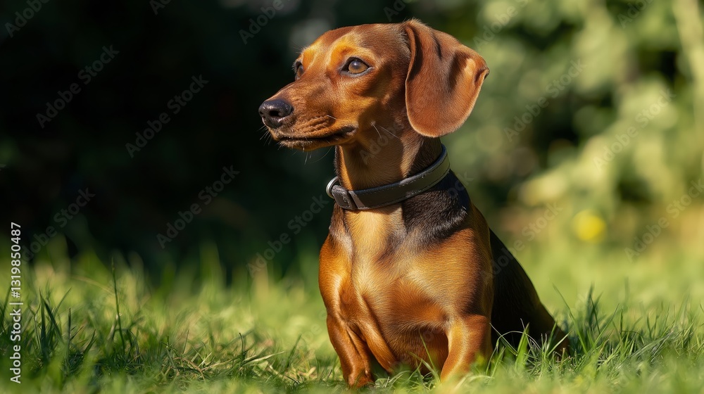 Dachshund dog enjoys a beautiful day in a sunlit grassy field, showcasing vibrant colors and natural lighting for a stunning close-up portrait Dachshund dog enjoys a beautiful day in a sunlit grassy field, showcasing vibrant colors and natural lighting for a stunning close-up portrait