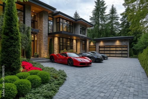 Luxurious Hollywood-style mansion featuring a grand entrance surrounded by artistic landscaping and sleek driveway with parked sports cars showcasing opulence and elegance