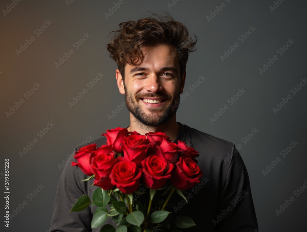 A portrait of a young man with curly brown hair and a beard, smiling warmly while holding a bouquet of red roses. A portrait of a young man with curly brown hair and a beard, smiling warmly while holding a bouquet of red roses.