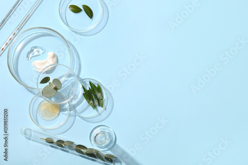 Petri dishes with samples of natural cosmetic products on light blue background