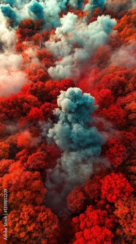 Illustration of an aerial  captures a vibrant autumn forest, dramatically infused with swirls of teal and white smoke, creating a surreal and captivating scene