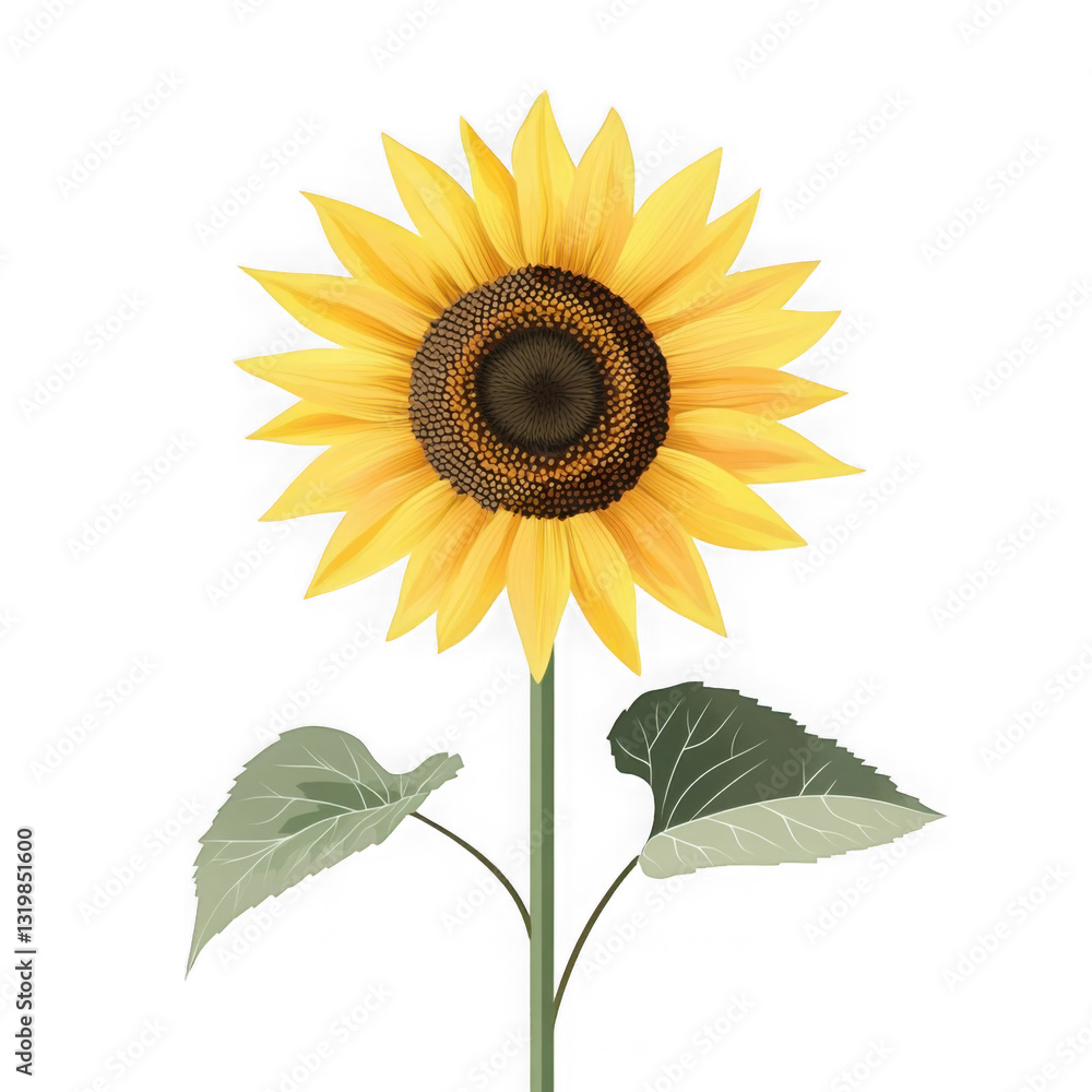 Obraz premium Bright sunflower with green leaves isolated on a transparent background showcasing its vibrant petals and detailed center, Sunflower, isolated, transparent backgroundGenerative IA 