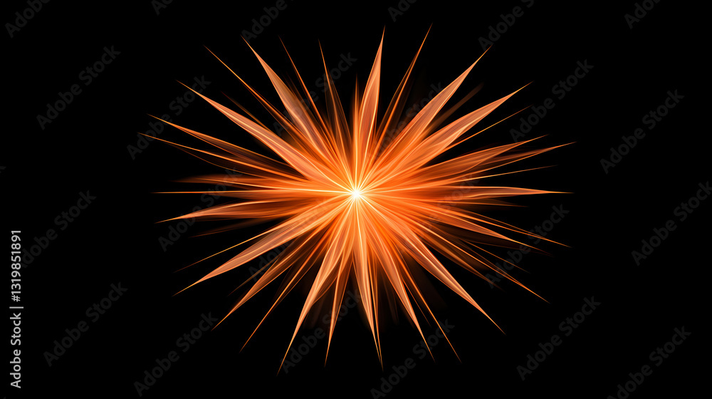 A bright orange light bursts from the center, spreading outward in a starburst pattern against a black background. Dreamy Illumination. Illustration A bright orange light bursts from the center, spreading outward in a starburst pattern against a black background. Dreamy Illumination. Illustration