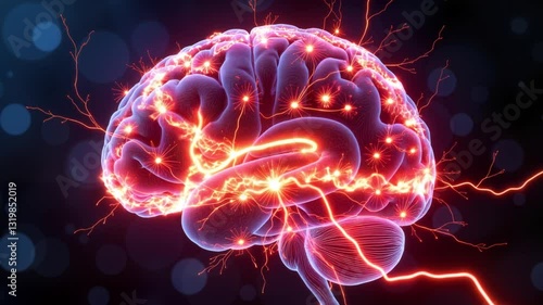 Illuminated brain firing neurons with electric pulses, dynamic energy concept