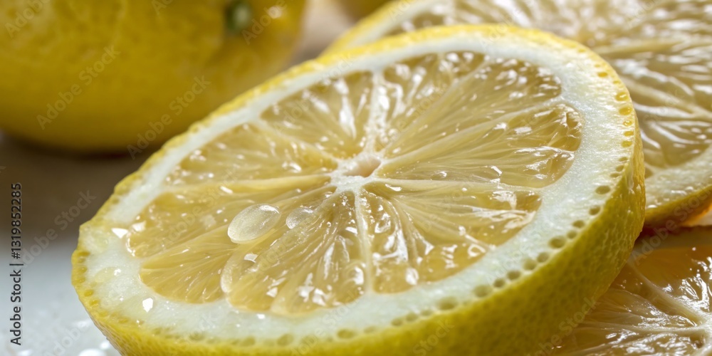 Freshly cut lemon slices arranged on a light surface with droplets of juice glistening in natural light