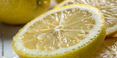 Obraz na płótnie Freshly cut lemon slices arranged on a light surface with droplets of juice glistening in natural light w salonie