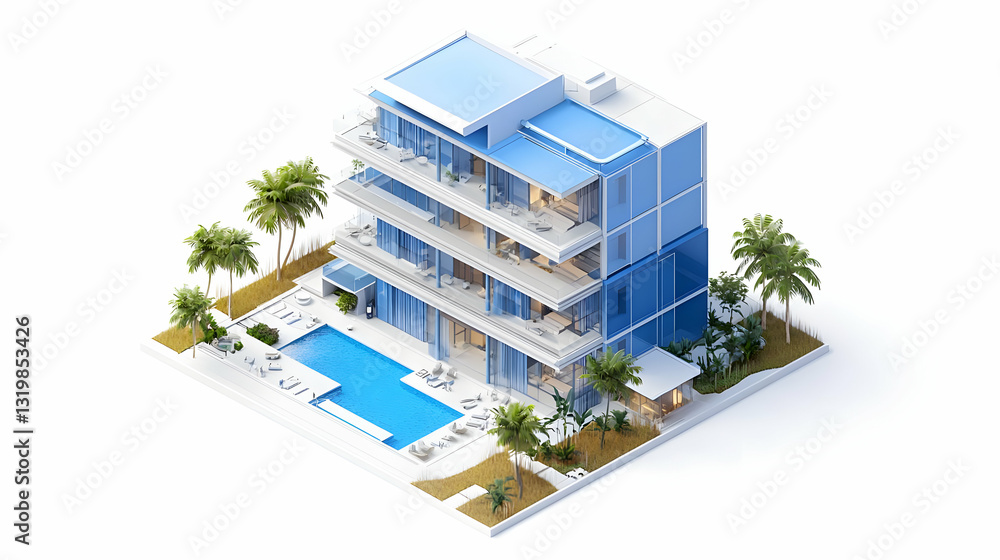 Isometric View of a Luxurious Modern Beachfront Villa with a Blue Glass Exterior White Facade and a Tranquil Pool Surrounded by Palm Trees on a Isometric View of a Luxurious Modern Beachfront Villa with a Blue Glass Exterior White Facade and a Tranquil Pool Surrounded by Palm Trees on a