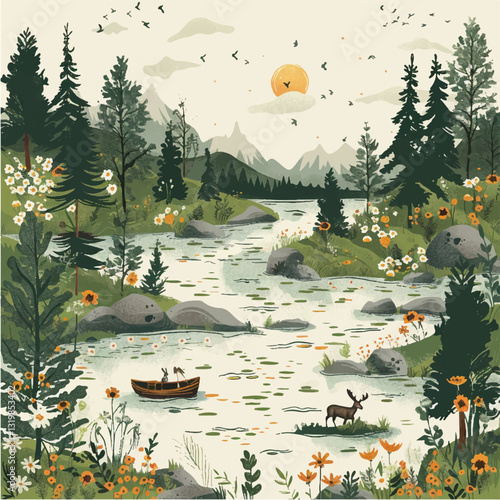 beautiful vector landscape of forest and mountains with wild animals, field with flowers, wild nature