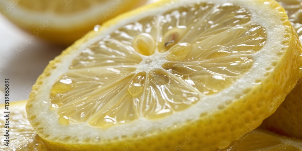 Freshly sliced lemons with glistening juice on a clean white surface in bright light showcasing their vibrant color and texture