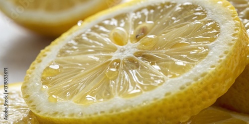 Obraz na płótnie Freshly sliced lemons with glistening juice on a clean white surface in bright light showcasing their vibrant color and texture w salonie