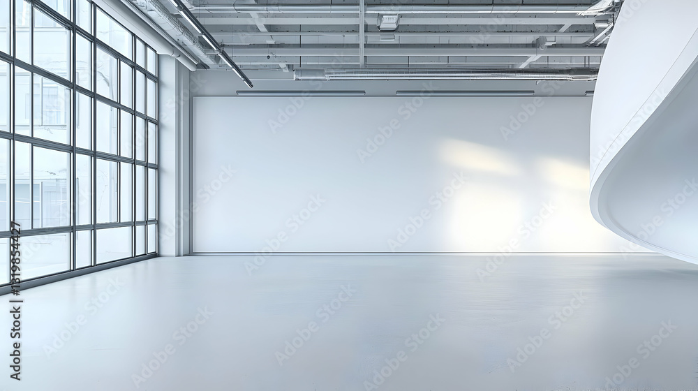 Fototapeta premium Modern White Interior With Large Windows Concrete Floor And Curved Wall Creating Light And Shadow