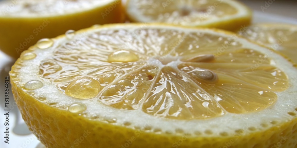 Close-up view of fresh lemon slices with droplets on a light background