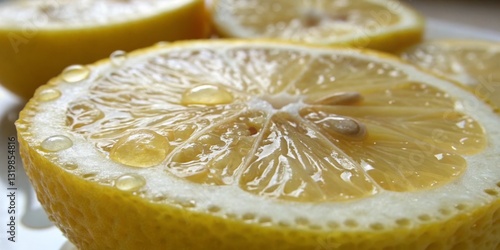 Obraz na płótnie Close-up view of fresh lemon slices with droplets on a light background w salonie