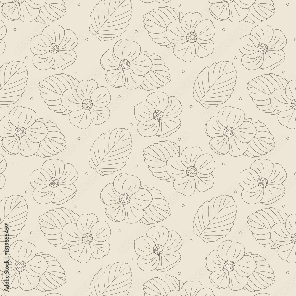 A delicate seamless pattern with flowers and leaves in a linear drawing style. Perfect for packaging, textiles, wallpapers, greeting cards, and interior design. A delicate seamless pattern with flowers and leaves in a linear drawing style. Perfect for packaging, textiles, wallpapers, greeting cards, and interior design.