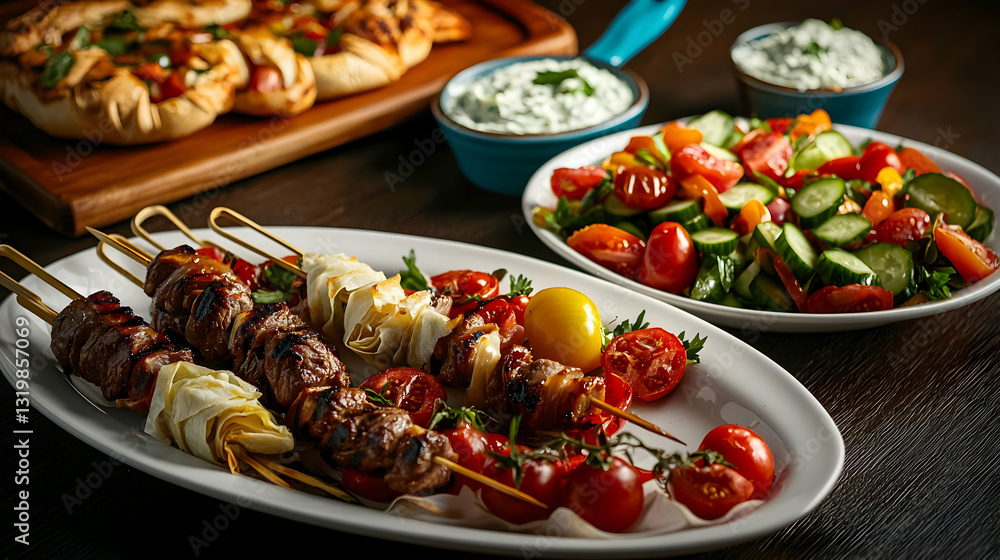 Assortment Of Grilled Meat And Vegetable Skewers With Fresh Salad And Dips Presented On A White Plate Assortment Of Grilled Meat And Vegetable Skewers With Fresh Salad And Dips Presented On A White Plate