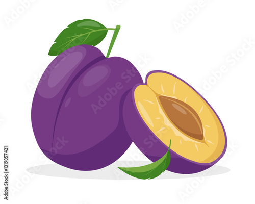 Fresh plums fruits. Whole and half Plum. Organic plum fruit for juice, smoothie or vitamin healthy food and dessert. Vector icon illustration isolated on white background.
