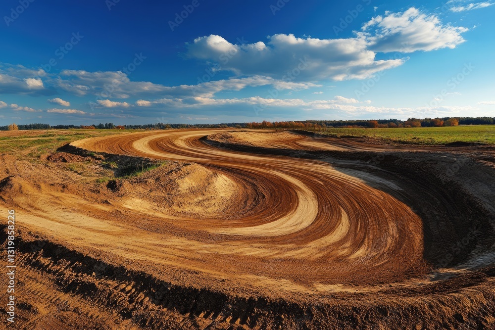 Fototapeta premium Sandy Motocross Track in a Scenic Landscape with Curves Underneath a Clear Sky
