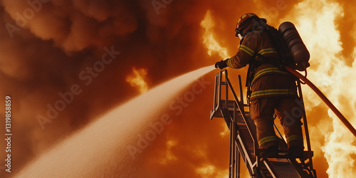 Brave firefighter extinguishing fire on a crane ladder with dramatic orange sky
