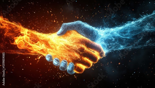 Dynamic fire and ice handshake concept representing balance unity and opposing forces blending together