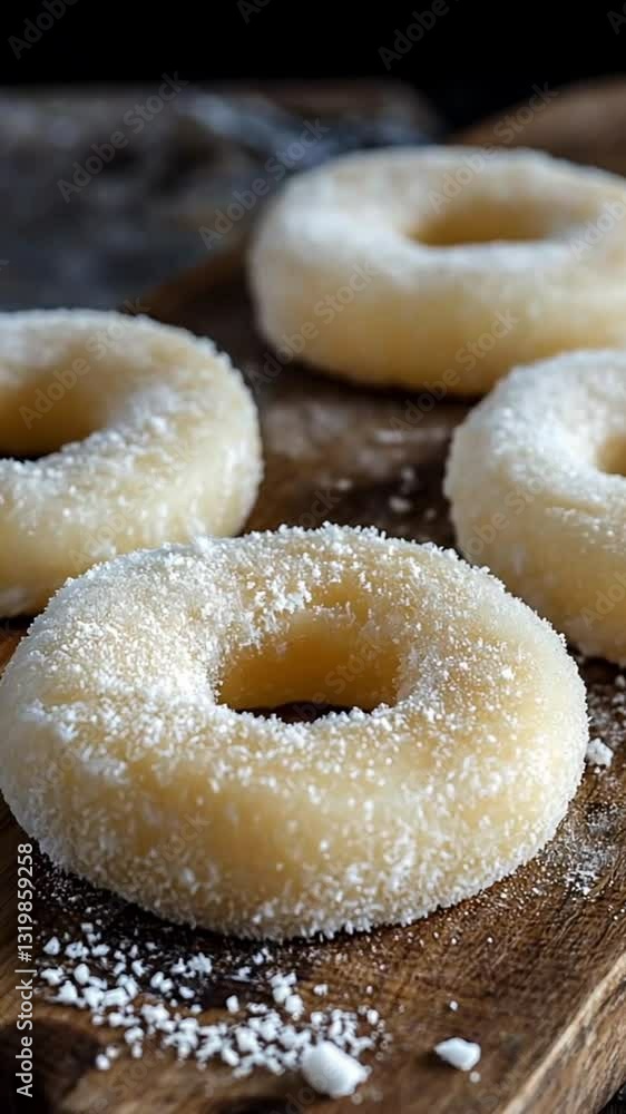 Close-up of powdered donuts on wooden board Close-up of powdered donuts on wooden board