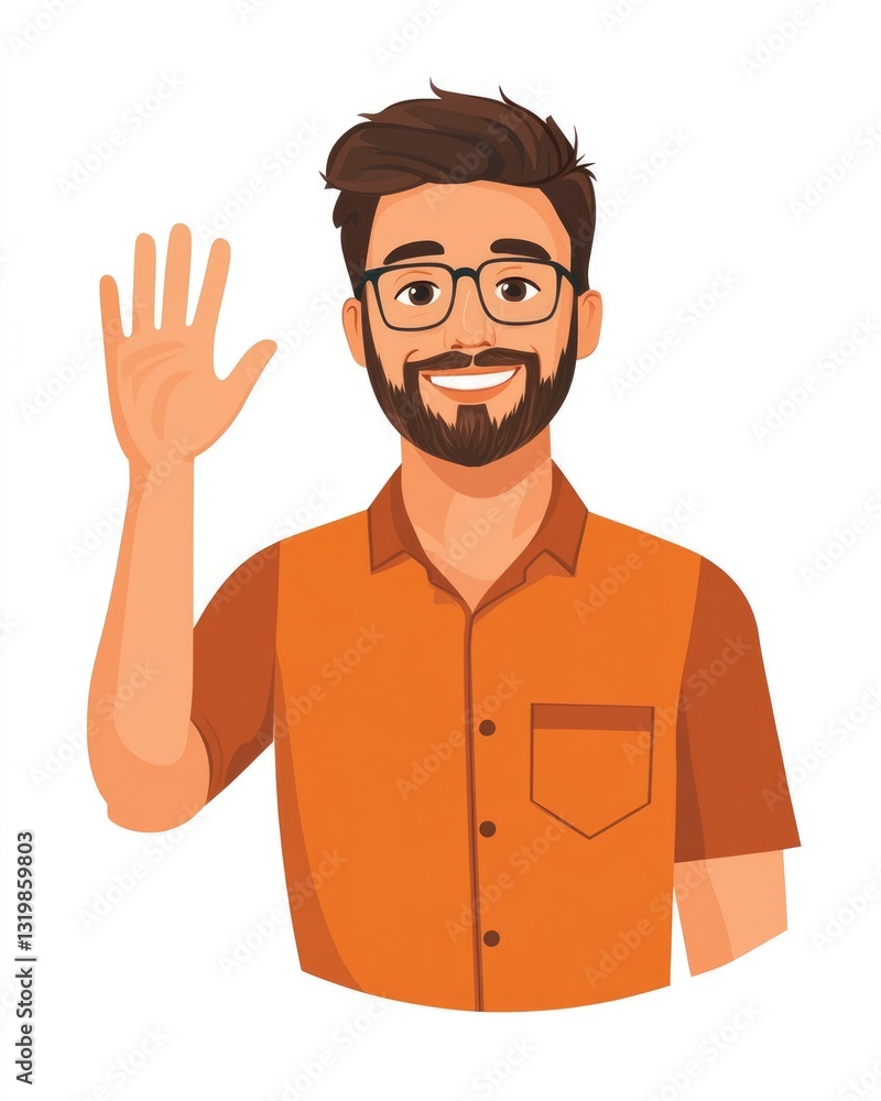 Cheerful Young Man with Beard in Business Attire Waving Hello, Radiating a Friendly Smile and Warm Greeting Gesture