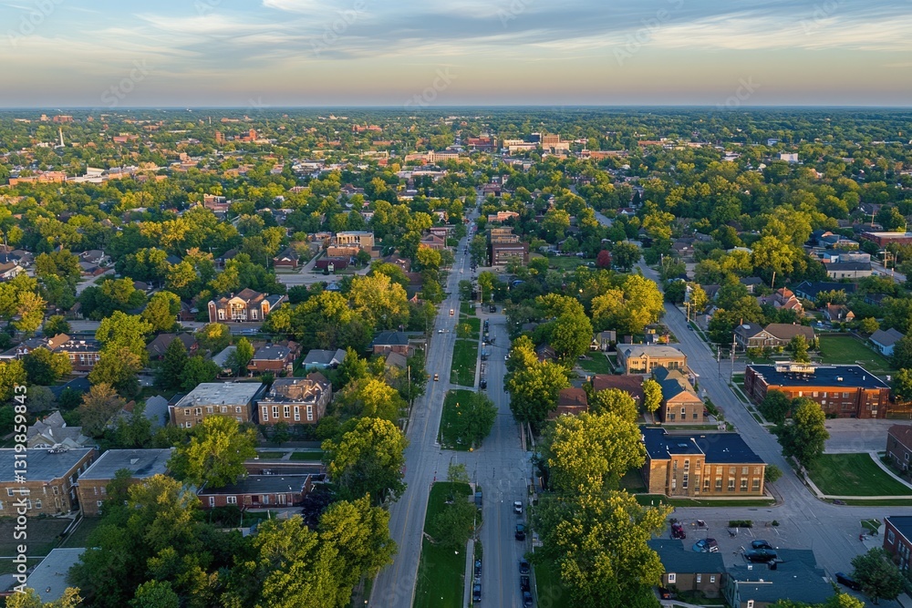 Obraz premium Aerial View of Lawrence: Summer Serenity in a Vibrant Kansas Town from Above