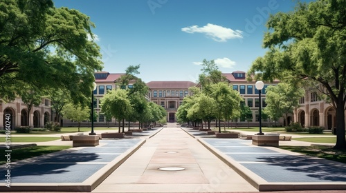 A photo of a college campus with a quad