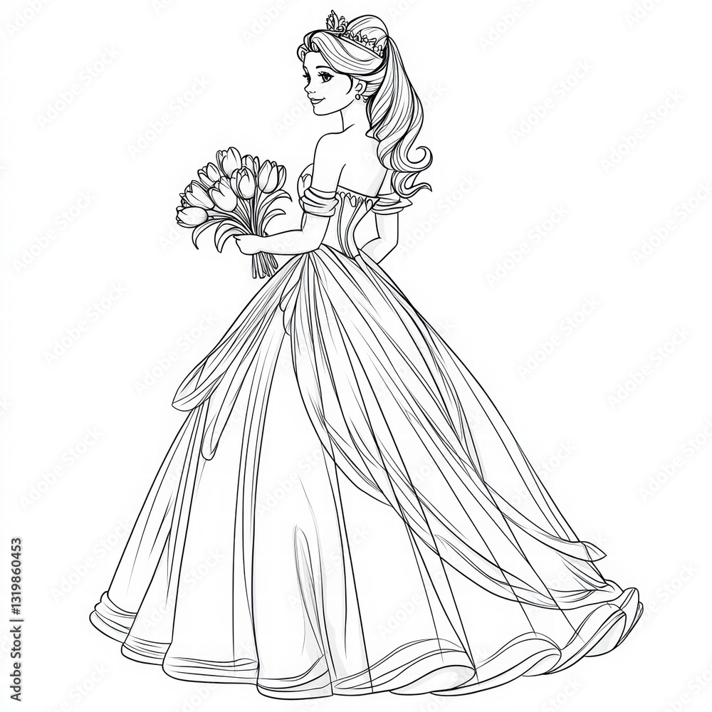 Fototapeta premium Elegant Princess Sketch: A beautiful princess, depicted in an intricate line art sketch, wearing a flowing ballgown, a tiara, and holding a bouquet of flowers, embodying classic fairytale charm.