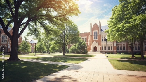 A photo of a college campus with a quad