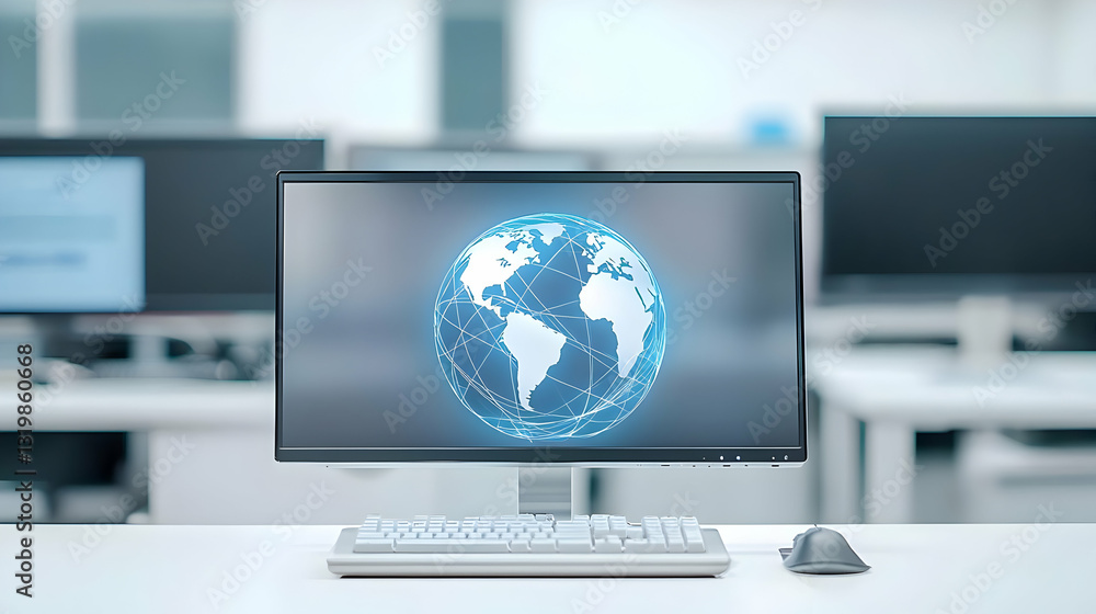 Glowing Blue Digital World Map On A Computer Screen In A Modern Office Setting With Blurred Background Glowing Blue Digital World Map On A Computer Screen In A Modern Office Setting With Blurred Background