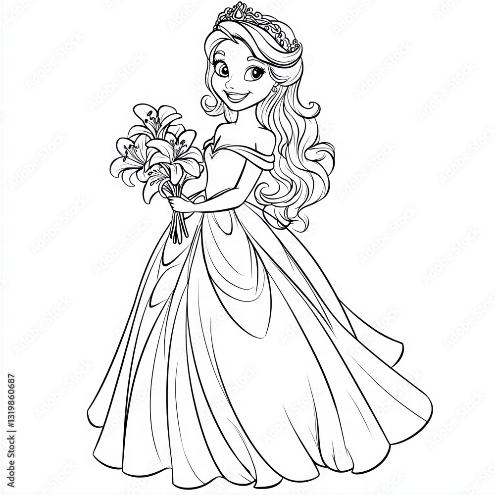 Fototapeta premium Princess with Flowers Illustration: A beautifully detailed illustration of a princess, adorned with a crown and elegant gown, holding a bouquet of lilies. perfect for coloring book pages.