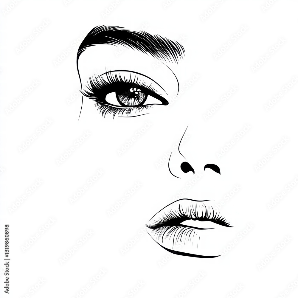 Fototapeta premium Elegance Embodied: A striking illustration of a woman's face, focusing on the eyes, eyebrows, nose, and lips. The monochromatic palette enhances the intricate linework.