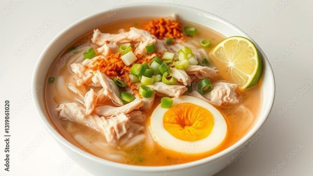 A variety of Thai and chicken noodle soups served in bowls with fresh vegetables and meat A variety of Thai and chicken noodle soups served in bowls with fresh vegetables and meat