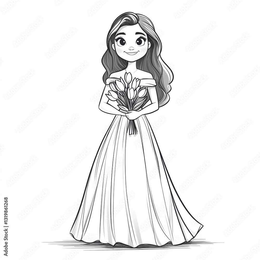 An elegant bride, gracefully holding a bouquet of fresh tulips, radiating the essence of her special day. coloring for girls An elegant bride, gracefully holding a bouquet of fresh tulips, radiating the essence of her special day. coloring for girls