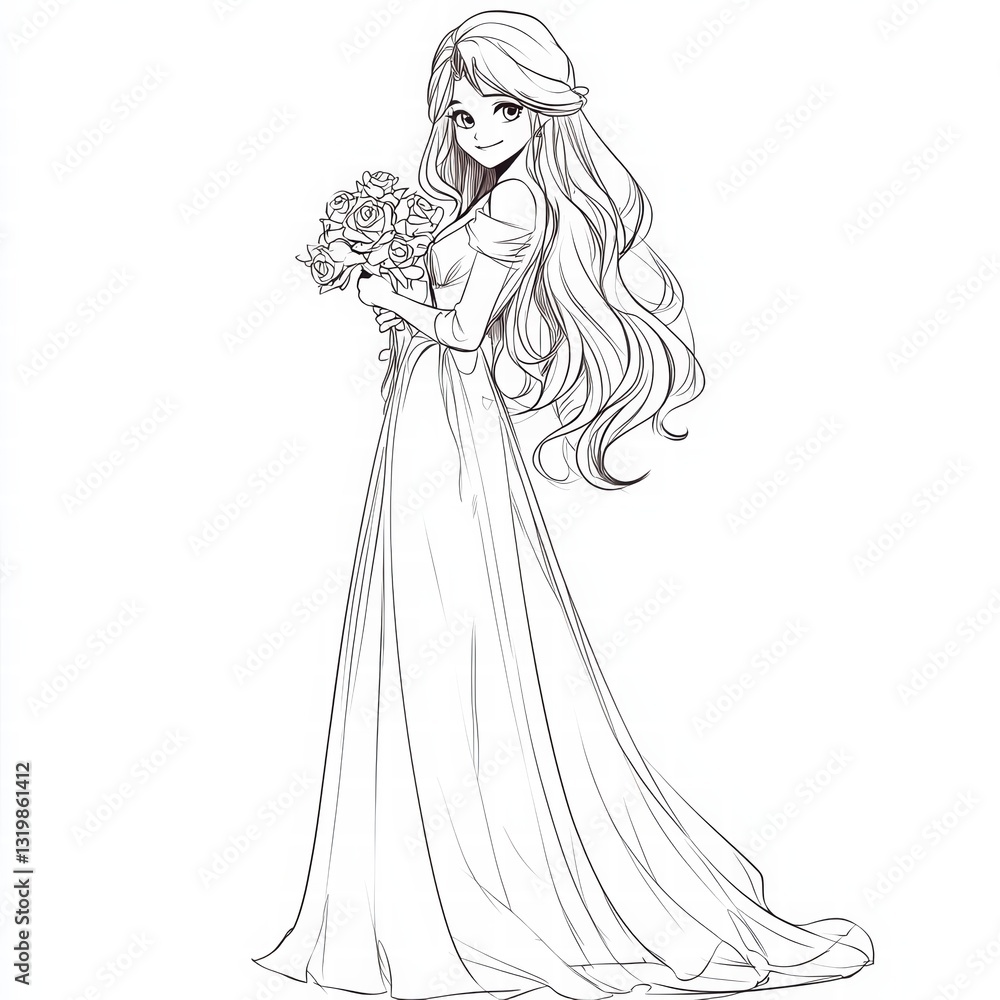 Fototapeta premium A Bride's Serene Grace: A sketch captures a bride's elegance, her flowing gown, and the delicate bouquet she cradles, conveying the anticipation of a new chapter.